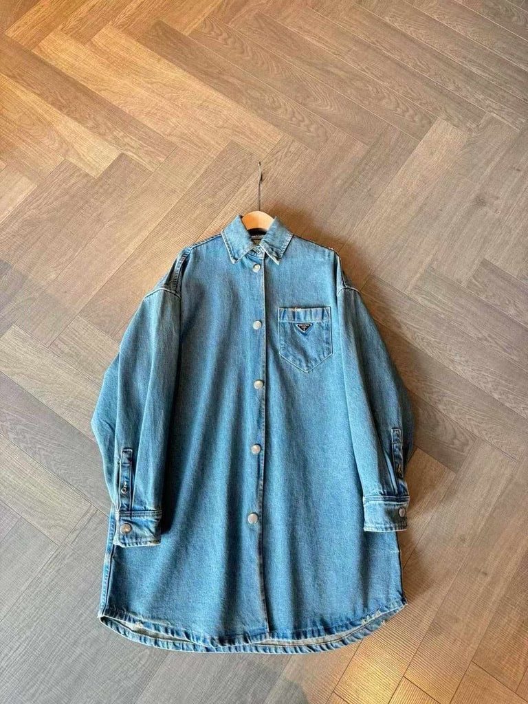 Prada Triangle Logo Demin Shirt Midi Dress, Size 38/40