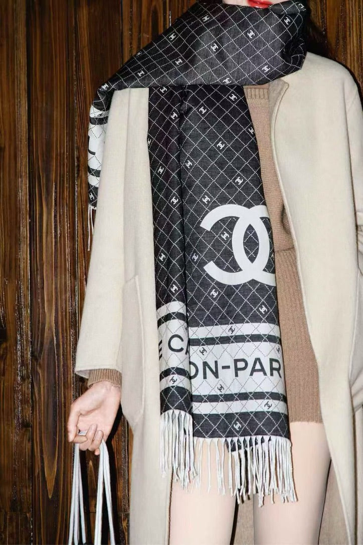 Chanel Logo Cotton/Silk Blend Scarf Black