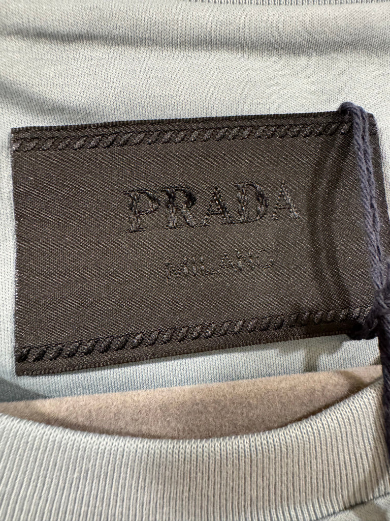 Prada Embroidered Logo Cotton T-Shirt in Light Blue, Size S/L