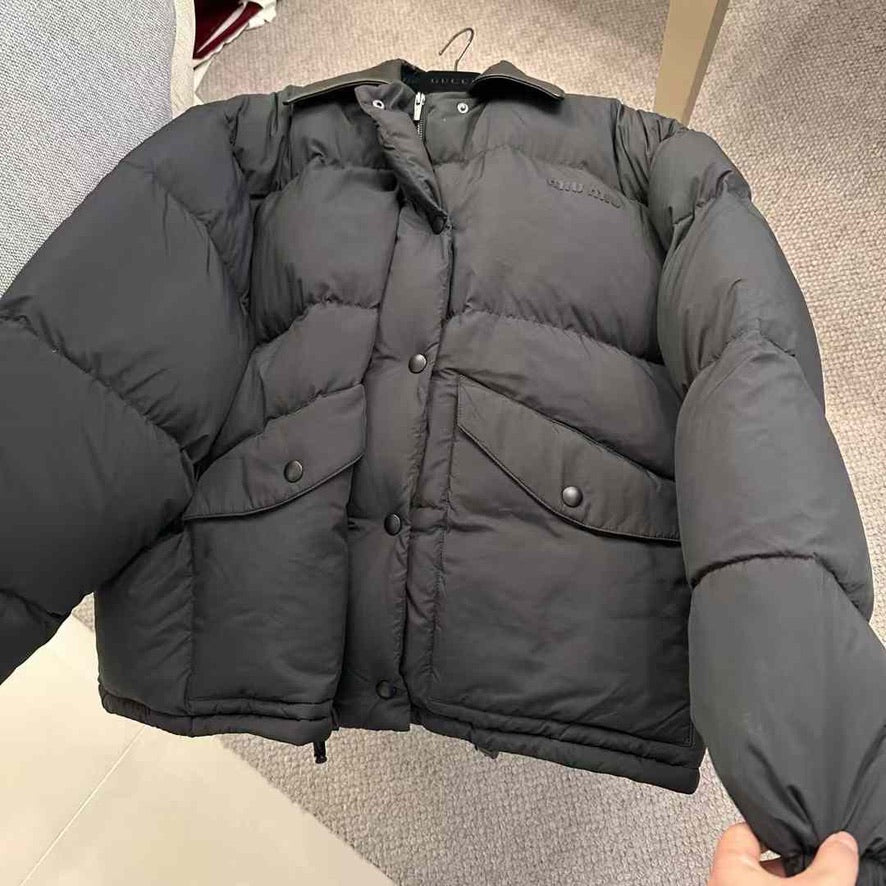 Miu Miu Technical Ponge Cropped Down Jacket in Black, Size S/M/L
