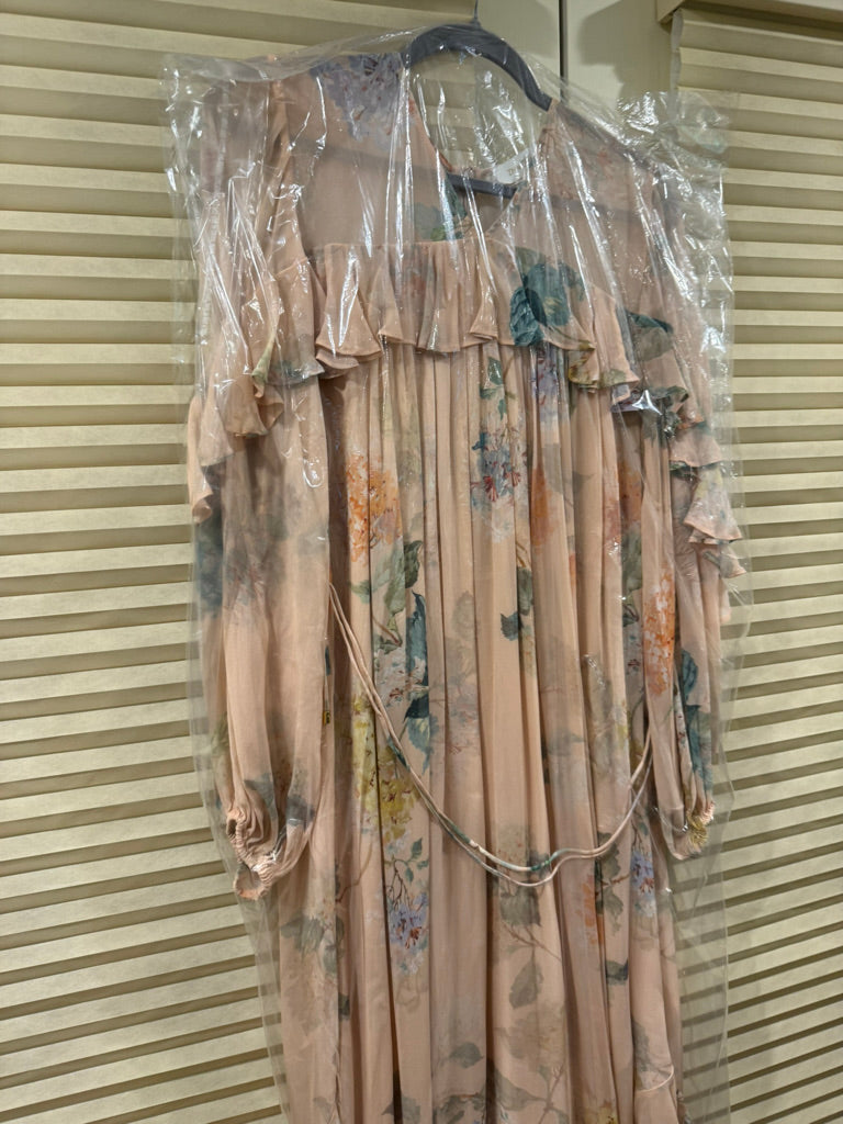 Zimmermann Floral Belted Silk Midi Dress in Peach, Size AU 1/2