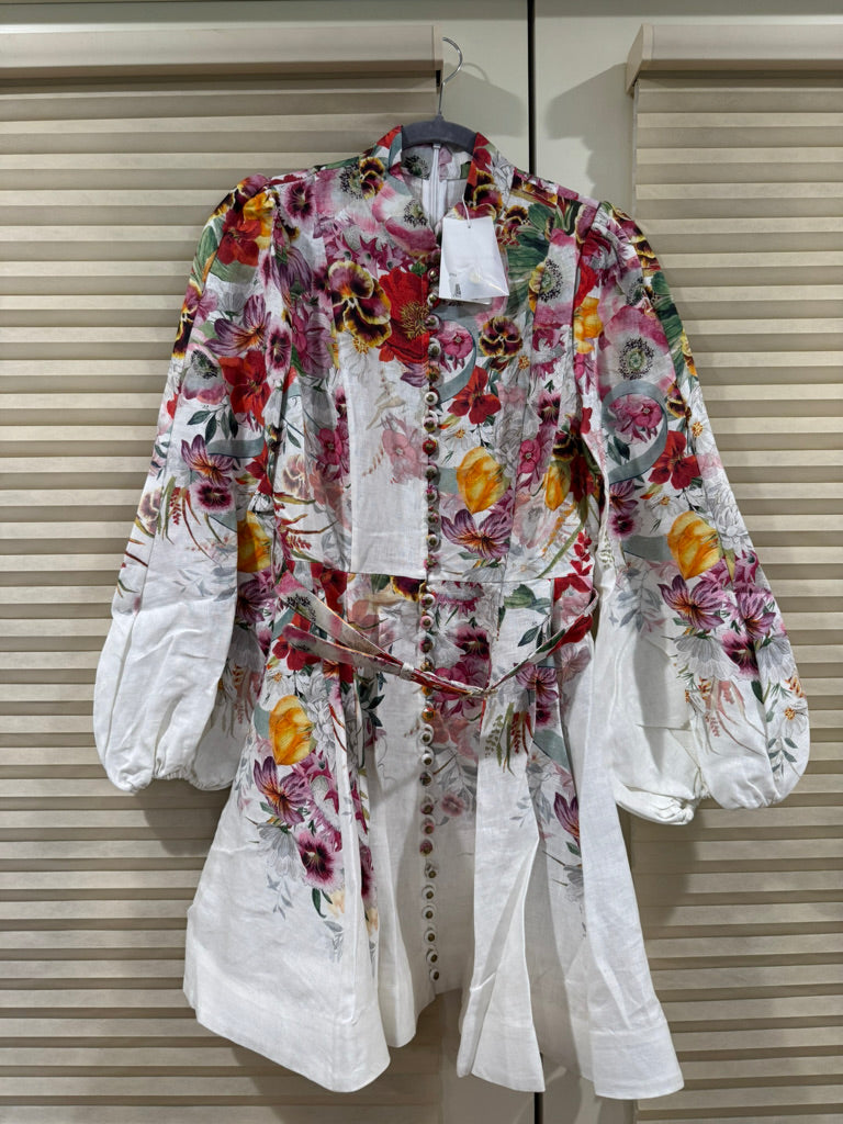 Zimmermann Buttoned Belted Linen Minidress in Red Floral, Size AU 2