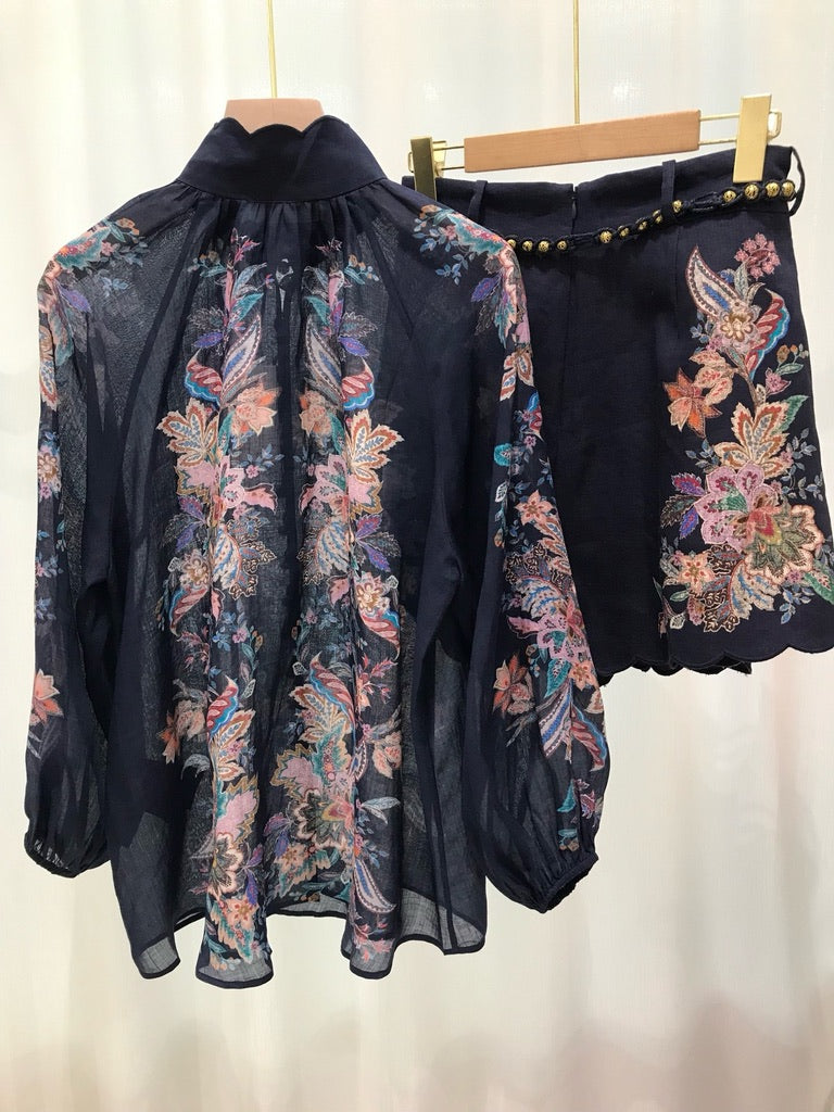 Zimmermann Floral Ramie Blouse & Belted Linen Shorts Set in Navy, Size AU 1/2/3