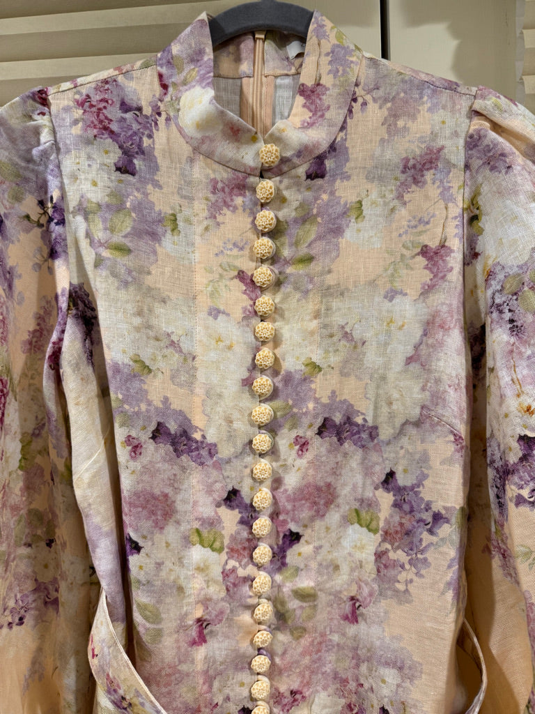 Zimmermann Floral Buttoned Belted Linen Midi Dress, Size AU 1/2