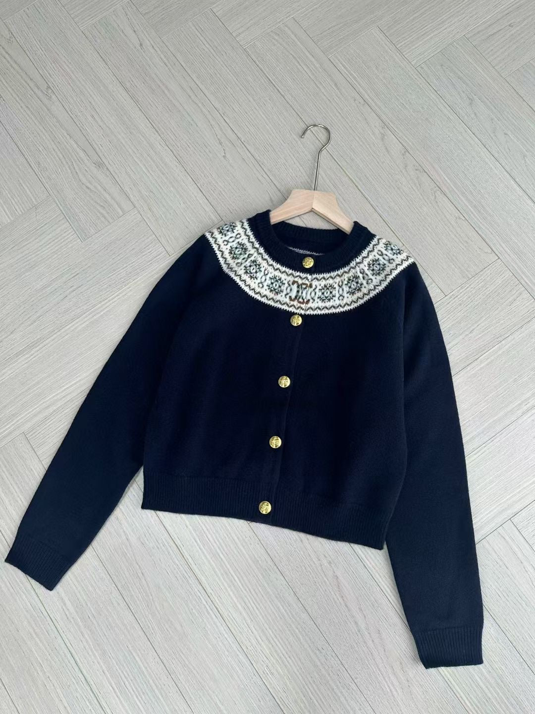 Celine Dark Blue Cardigan in Fair Isle Cashmere, Size S/M/L