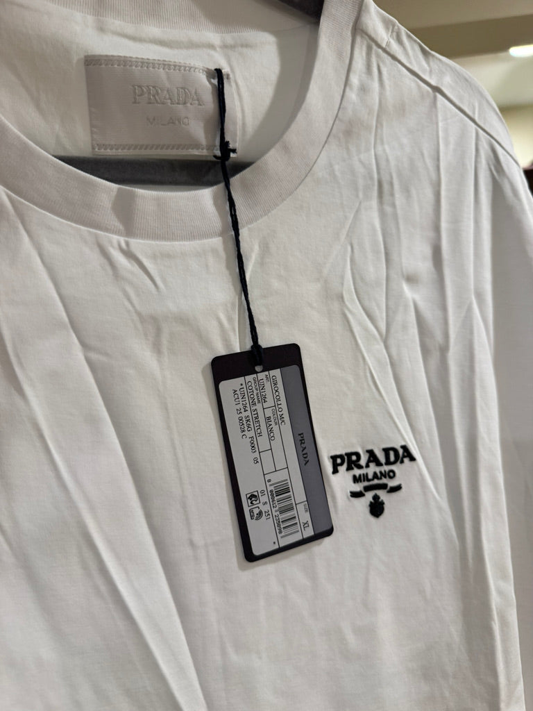 Prada Embroidered Logo Cotton T-Shirt in White, Size XL