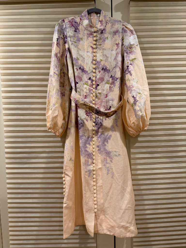 Zimmermann Floral Buttoned Belted Linen Midi Dress, Size AU 1/2