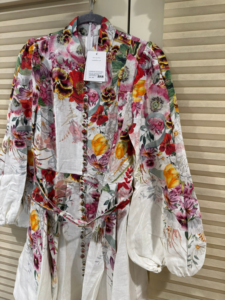Zimmermann Buttoned Belted Linen Minidress in Red Floral, Size AU 2