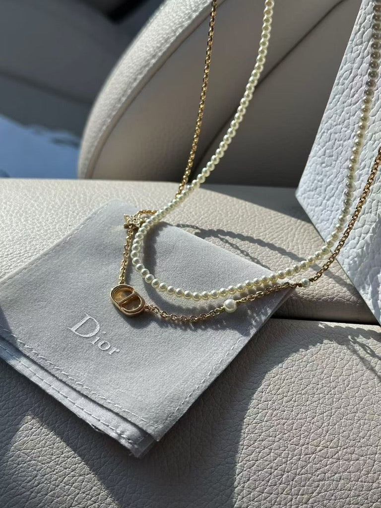Dior CD Logo Necklace Gold/Pearl
