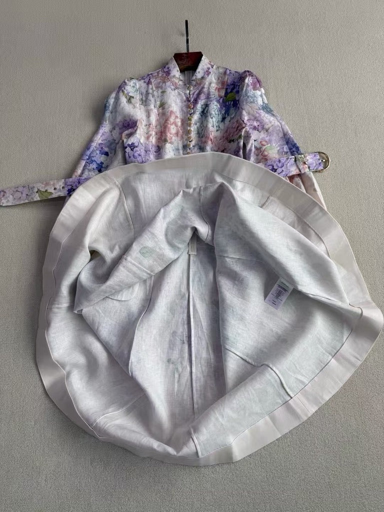 Zimmermann Floral Belted Linen Midi Dress, Size AU 1/2/3