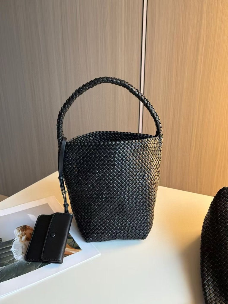The Row Small Woven Leather Tote Bag in Black