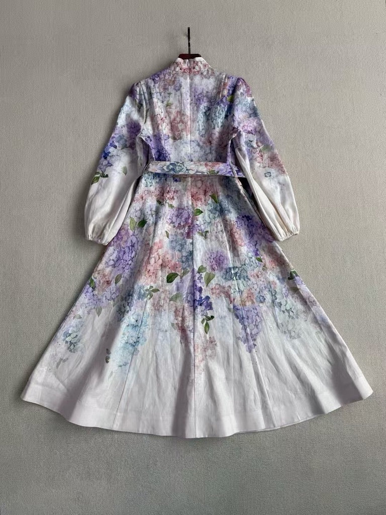 Zimmermann Floral Belted Linen Midi Dress, Size AU 1/2/3