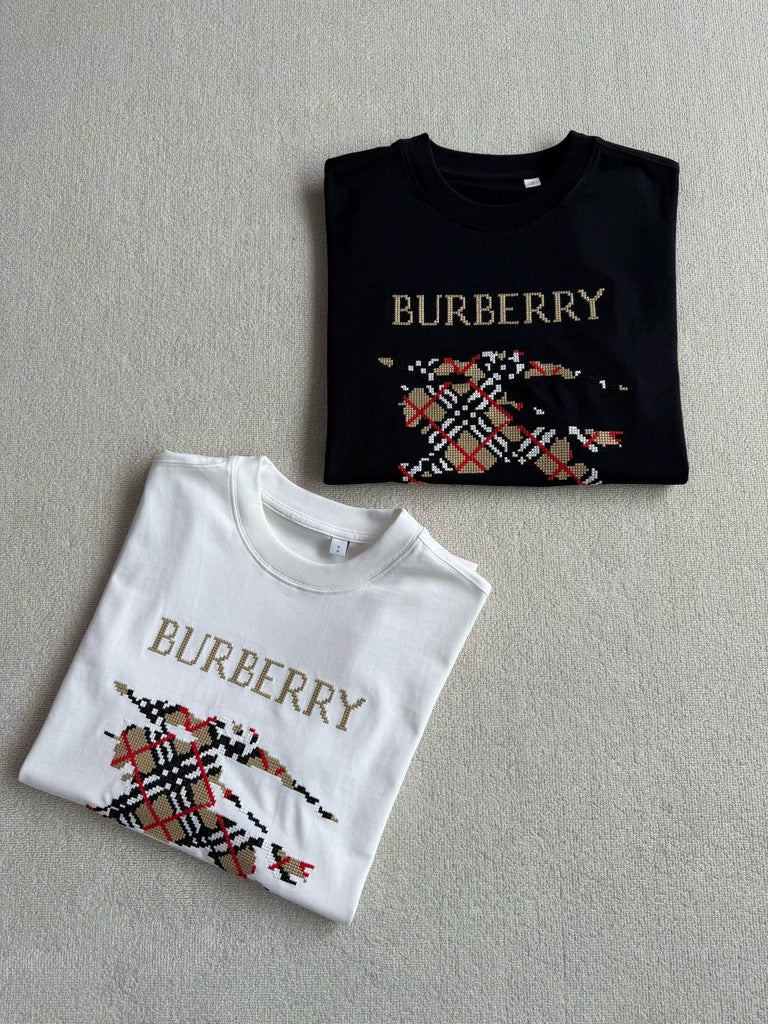 Burberry Cross Stitch EKD Cotton T-Shirt in White or Black, Size S/M/L/XL