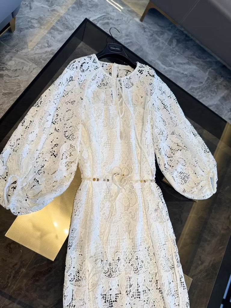 Zimmermann White Lace Belted Midi Dress, Size AU 2