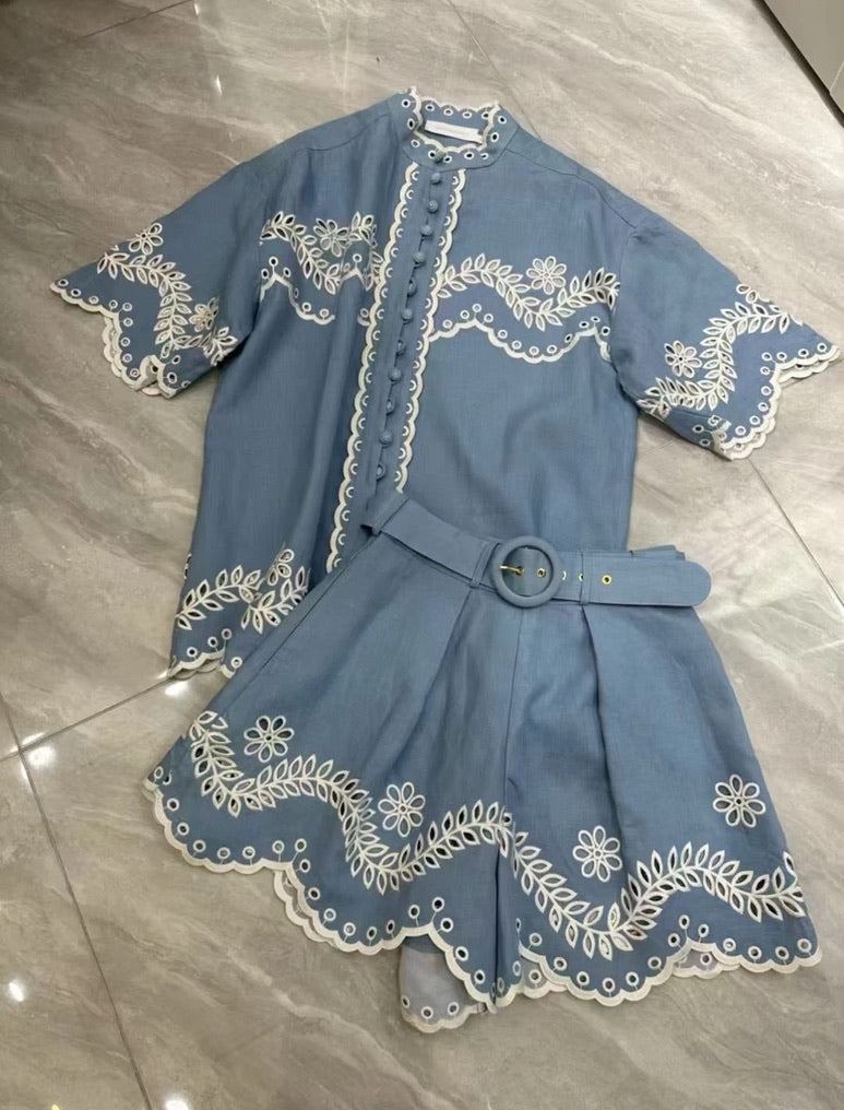 Zimmermann Linen Button Shirt & Belted Shorts Set in Blue, Size AU 1/2/3