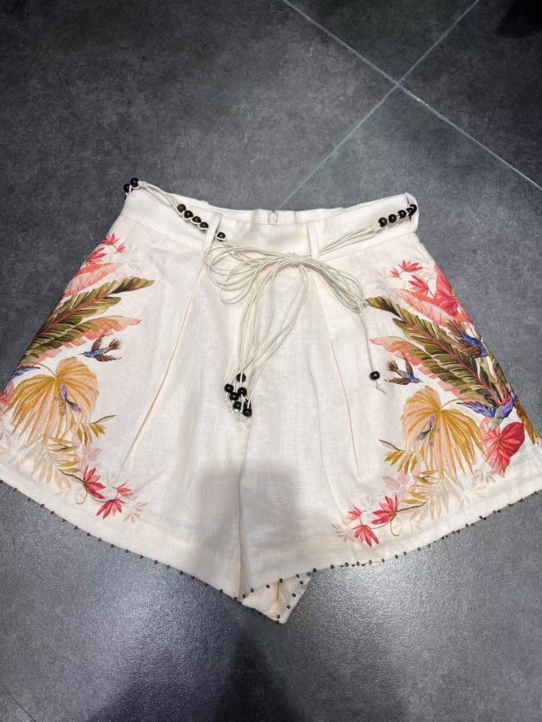 Zimmermann Ramie Blouse & Embellished Belted Linen Shorts Set in Cream Floral, Size AU 0/1/2/3