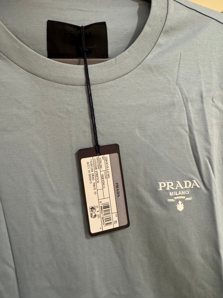 Prada Embroidered Logo Cotton T-Shirt in Light Blue, Size S/L
