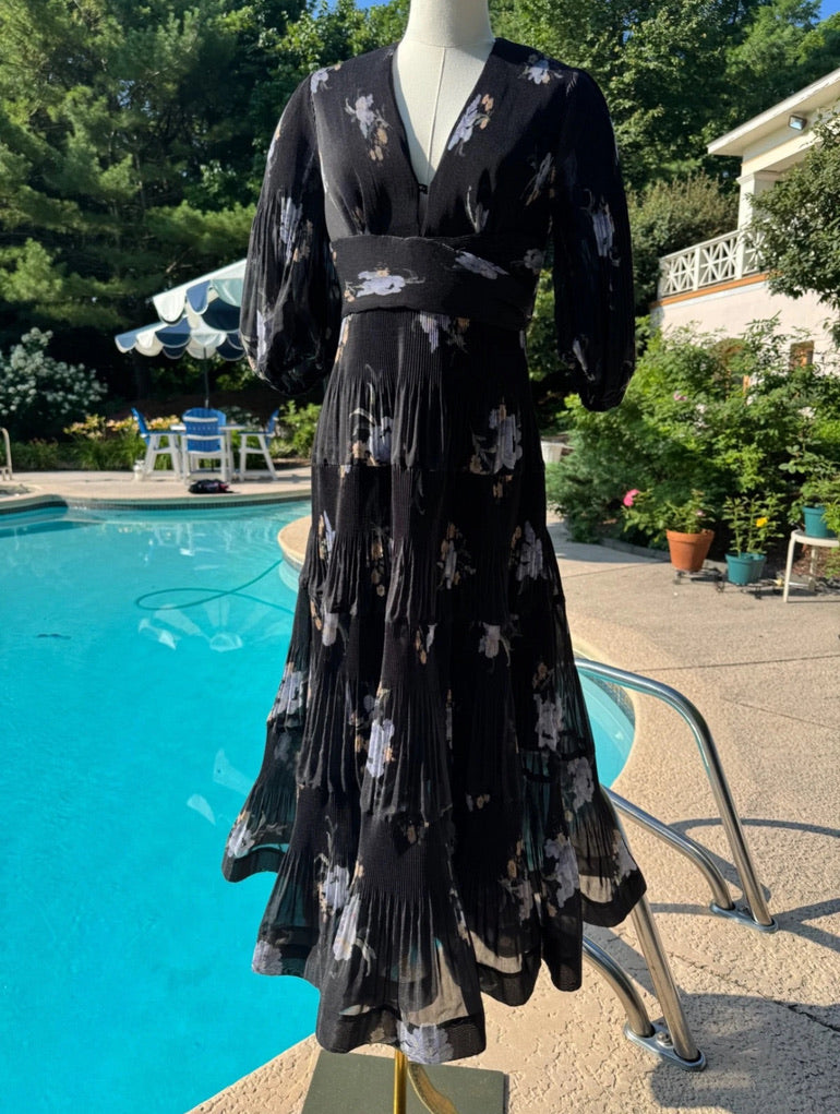Zimmermann Floral Pleated Organza Midi Dress, Size AU 0/1/2