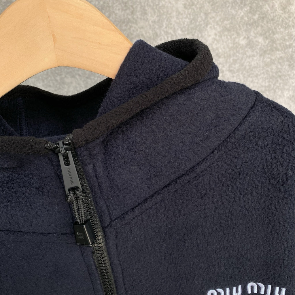 Miu Miu Cotton Fleece Zipper Hoodie in Navy, Size XS/S/M