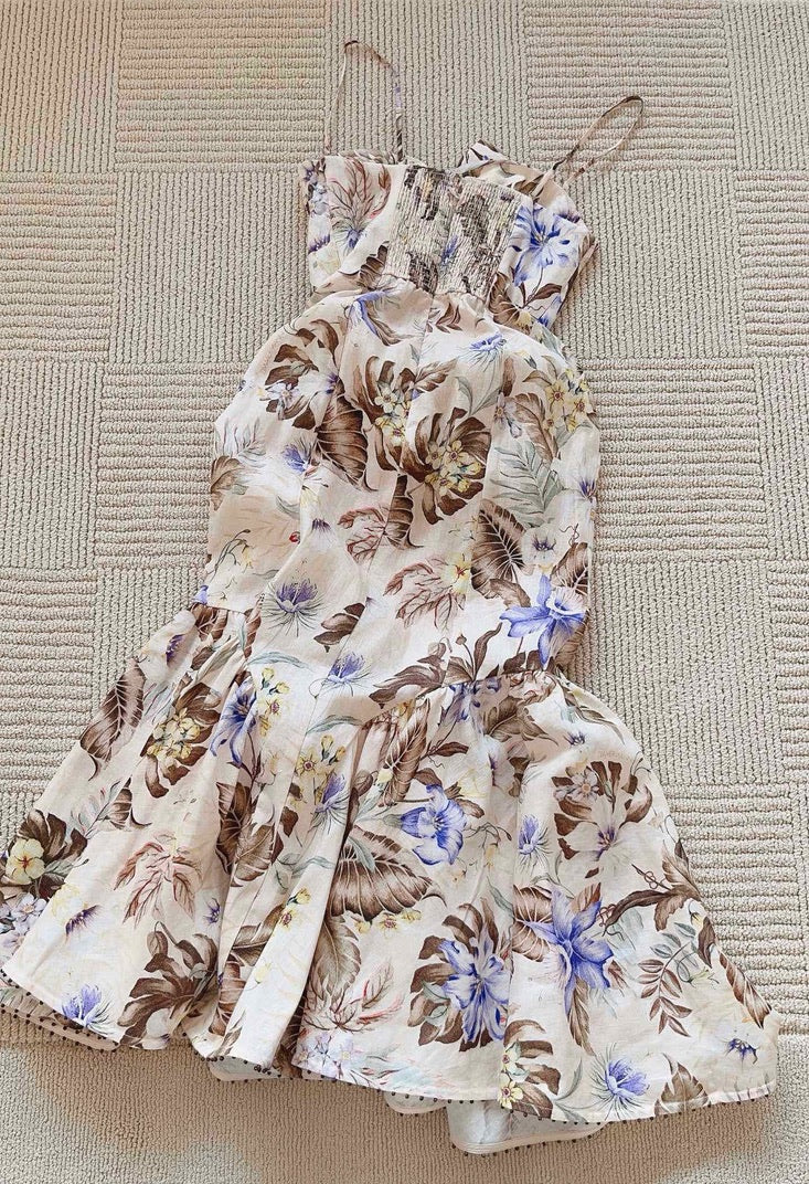 Zimmermann Bow-Embellished Cutout Floral-Print Linen Midi Dress, Size AU 0P/0/1/2/3
