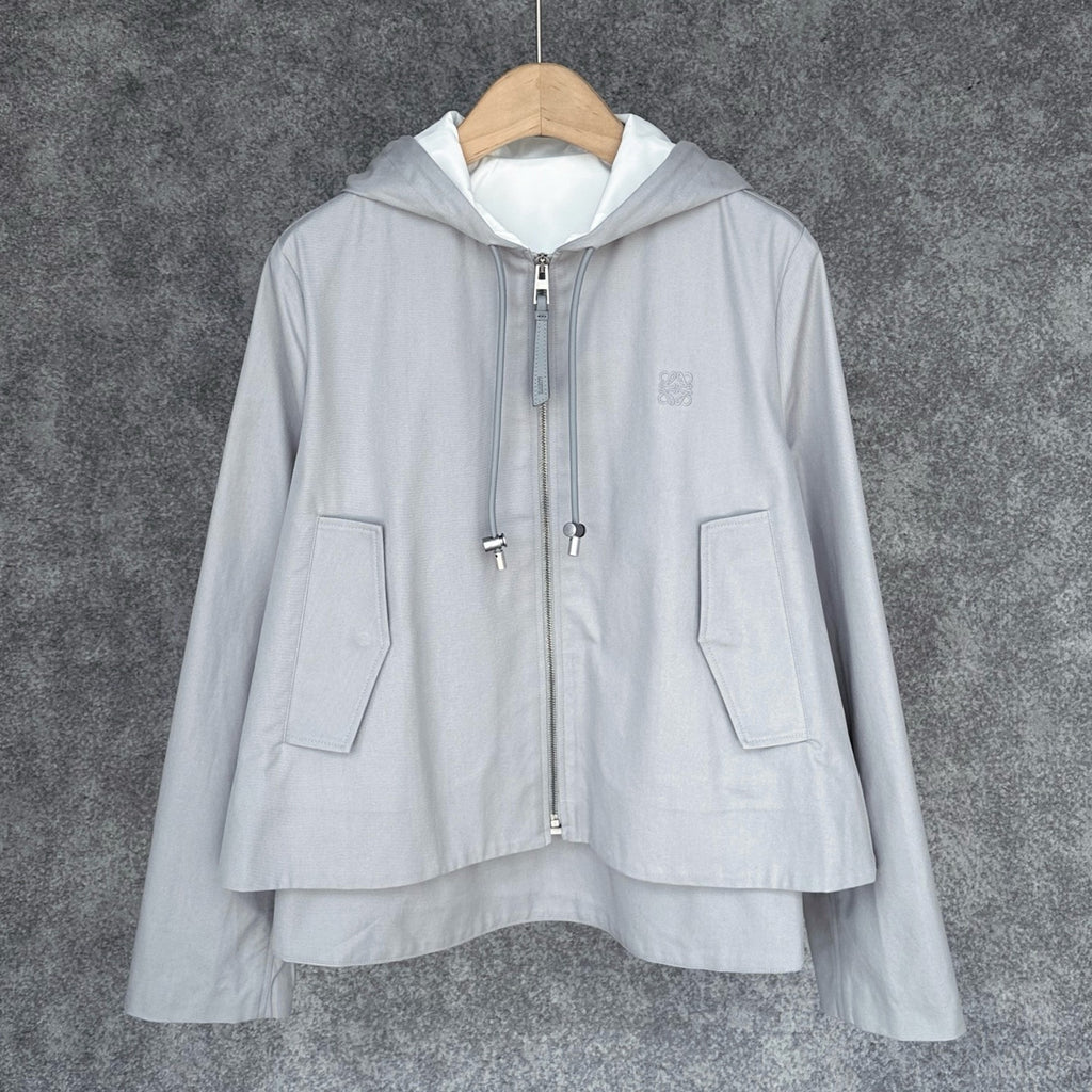 Loewe Cropped Hooded Embroidered Cotton-Twill Jackt in Gray, Size 34/36/38/40