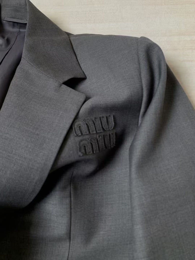 Miu Miu Logo Embroidered Oversized Wool Blazer Jacket in Gray, Size 36/38/40