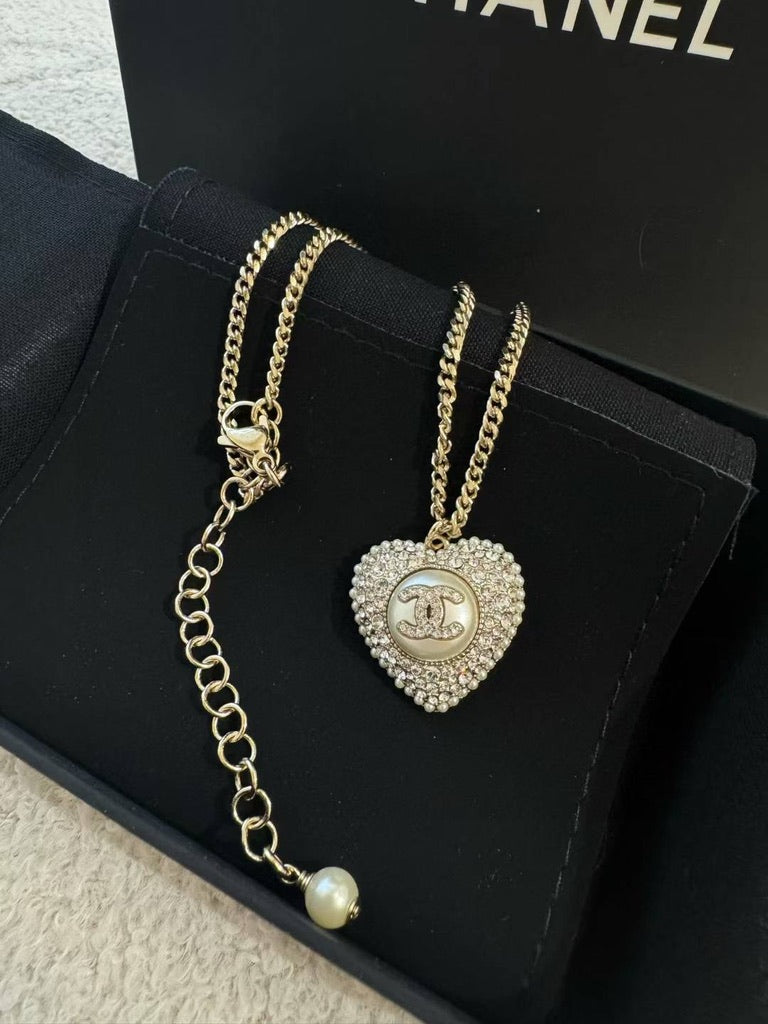 Chanel Pearl Crystal CC Heart Necklace