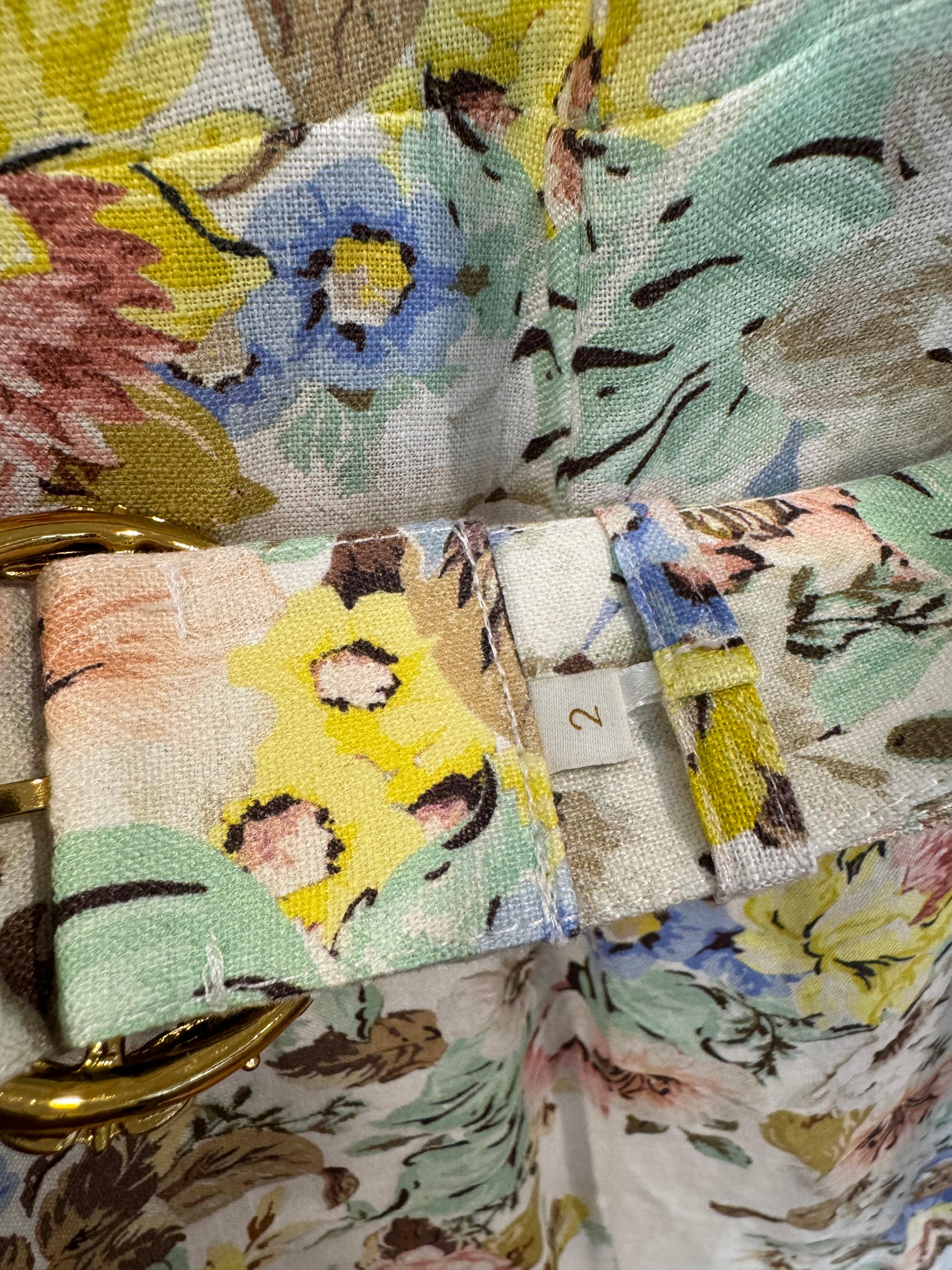 Zimmermann Floral Belted Linen Midi Dress, Size AU 2