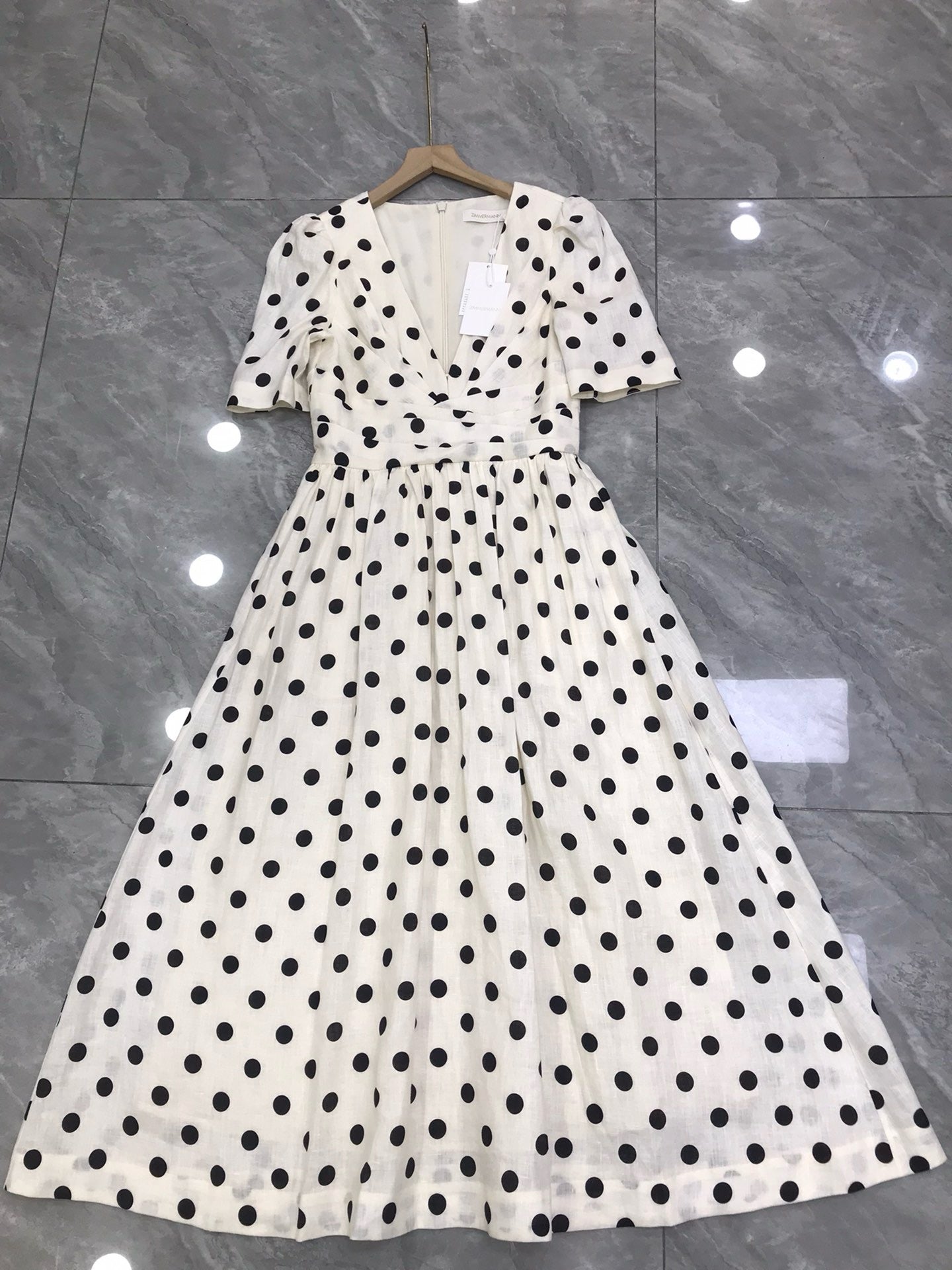 Zimmermann Polka Dot Linen Midi Dress in Cream, Size AU 0/1/2/3