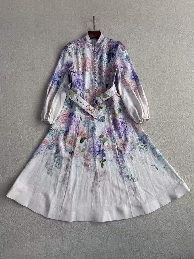 Zimmermann Floral Belted Linen Midi Dress, Size AU 1/2/3