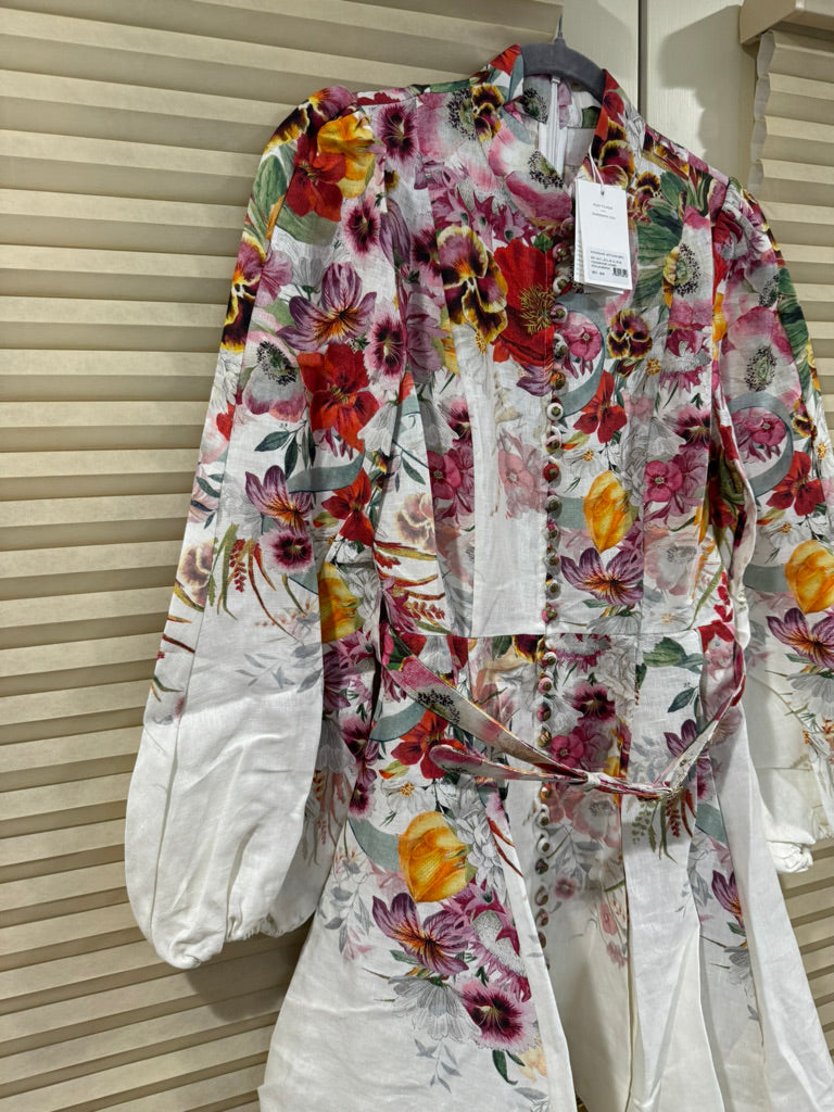 Zimmermann Buttoned Belted Linen Minidress in Red Floral, Size AU 2