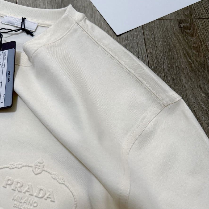 Prada Logo Cotton T-Shirt in Beige, Size XL