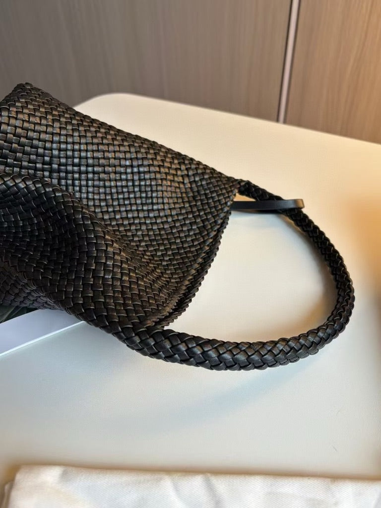 The Row Small Woven Leather Tote Bag in Black