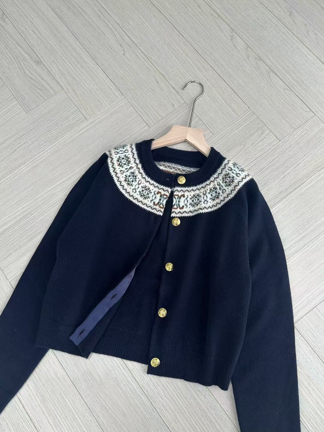Celine Dark Blue Cardigan in Fair Isle Cashmere, Size S/M/L