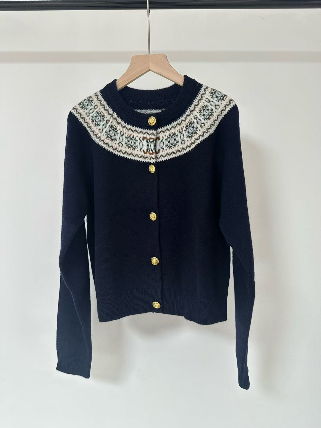 Celine Dark Blue Cardigan in Fair Isle Cashmere, Size S/M/L