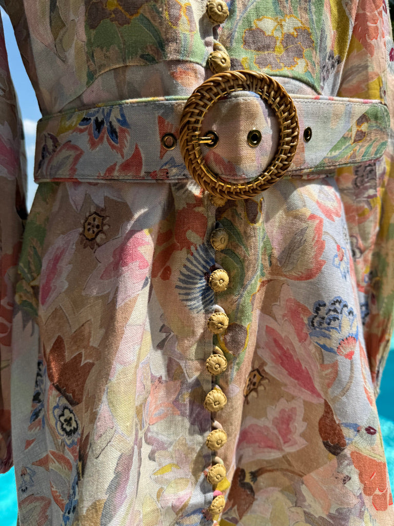 Zimmermann Floral Belted Linen Mididress, Size AU 0P/0/1/2/3