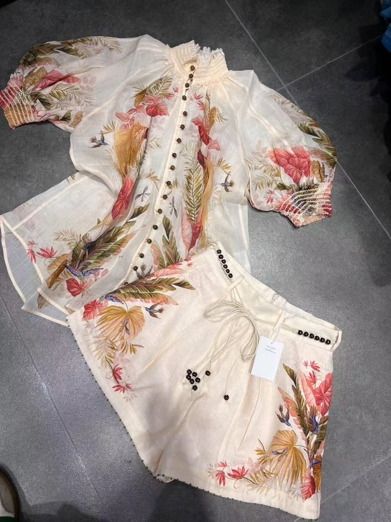Zimmermann Ramie Blouse & Embellished Belted Linen Shorts Set in Cream Floral, Size AU 0/1/2/3