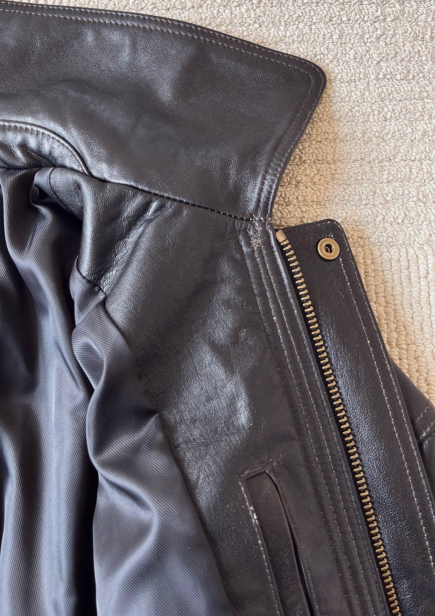 Saint Laurent Bomber Jacket in Grained Leather Dark Brown, Size 36/38/40
