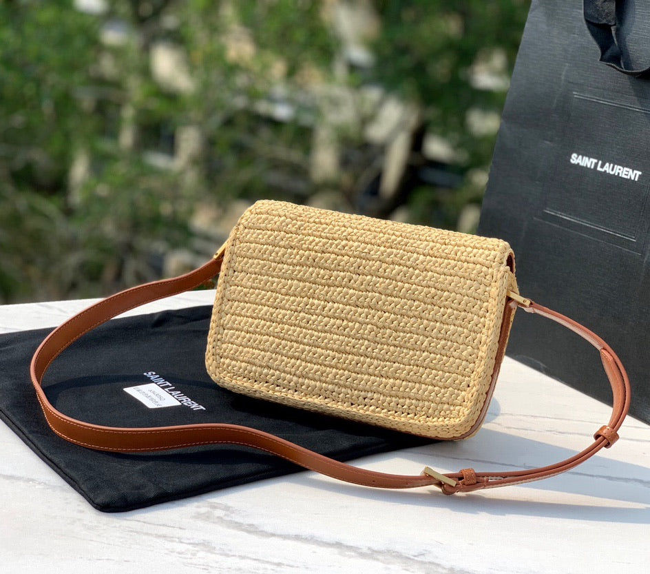 Saint Laurent Raffia Calfskin Medium Monogram Solferino Satchel