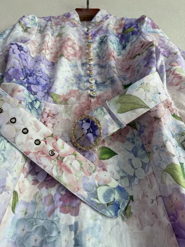 Zimmermann Floral Belted Linen Midi Dress, Size AU 1/2/3