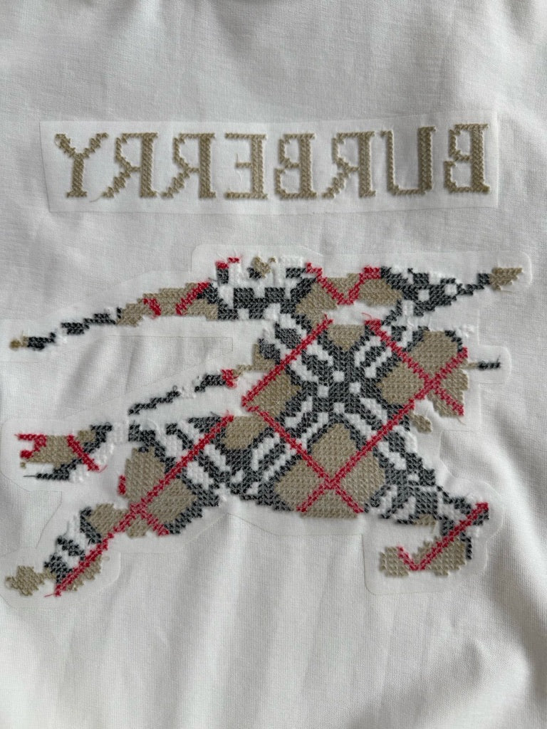 Burberry Cross Stitch EKD Cotton T-Shirt in White or Black, Size S/M/L/XL