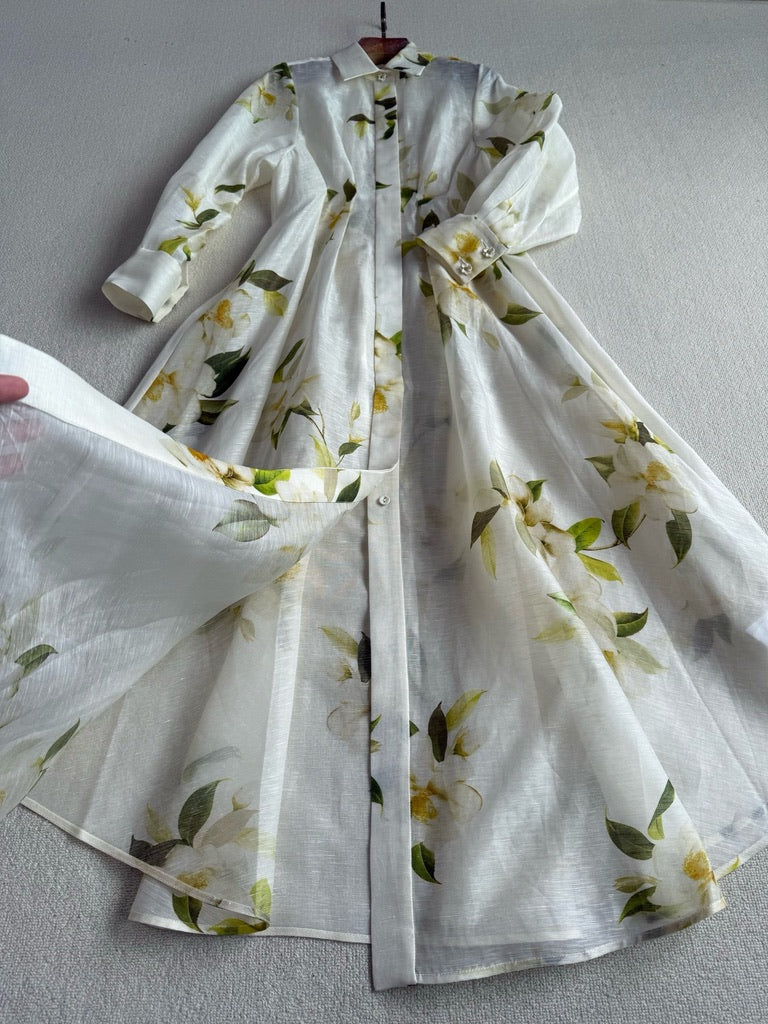 Zimmermann Harmony Floral Print Silk/Linen Blend Maxi Shirt Dress, Size AU 1/2