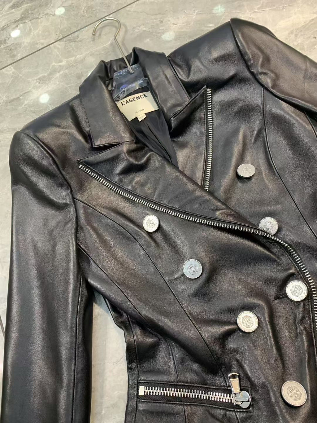 L'AGENCE Black Leather Blazer, Size US 2/4/6