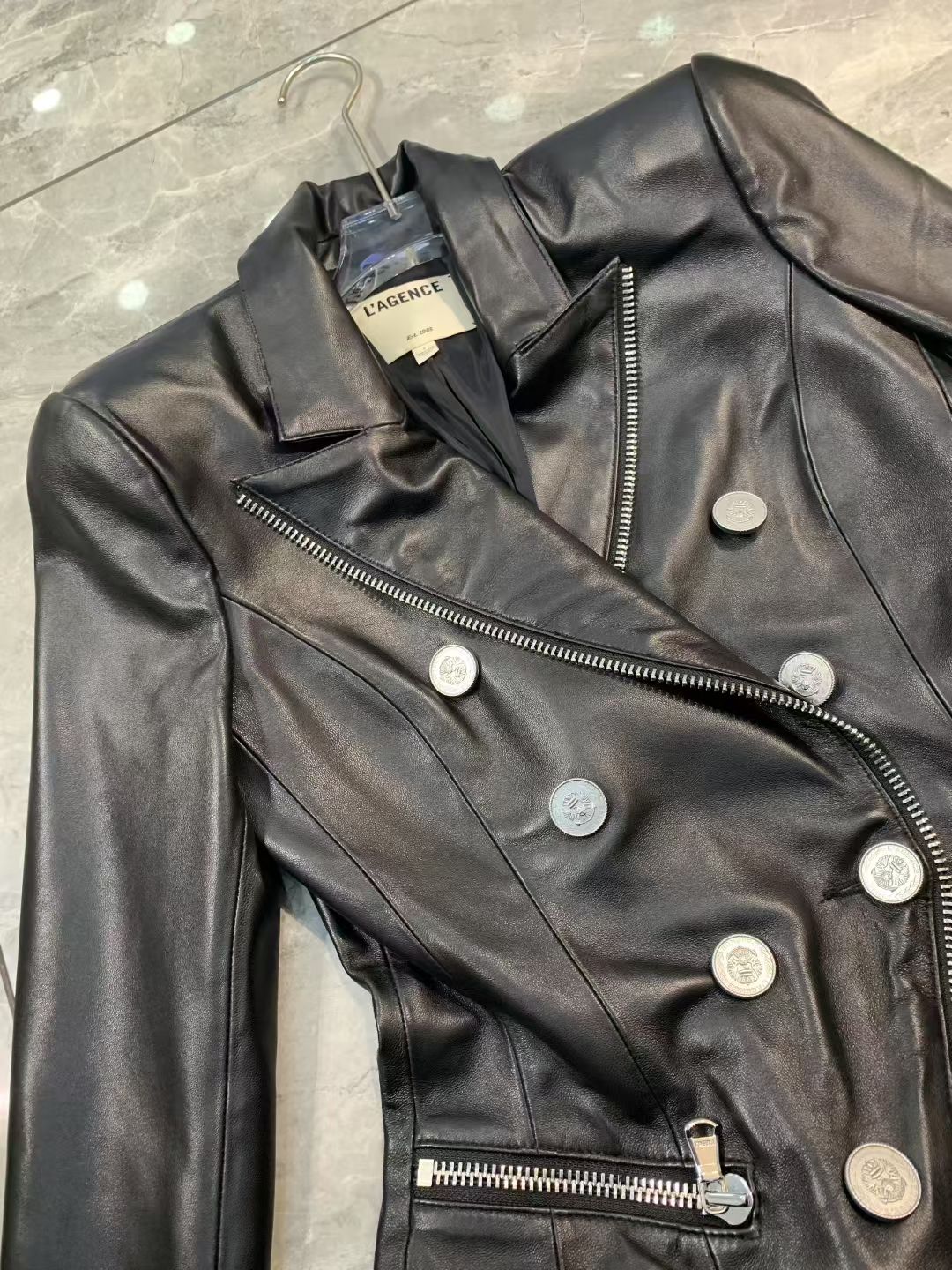L'AGENCE Black Leather Blazer, Size US 2/4/6