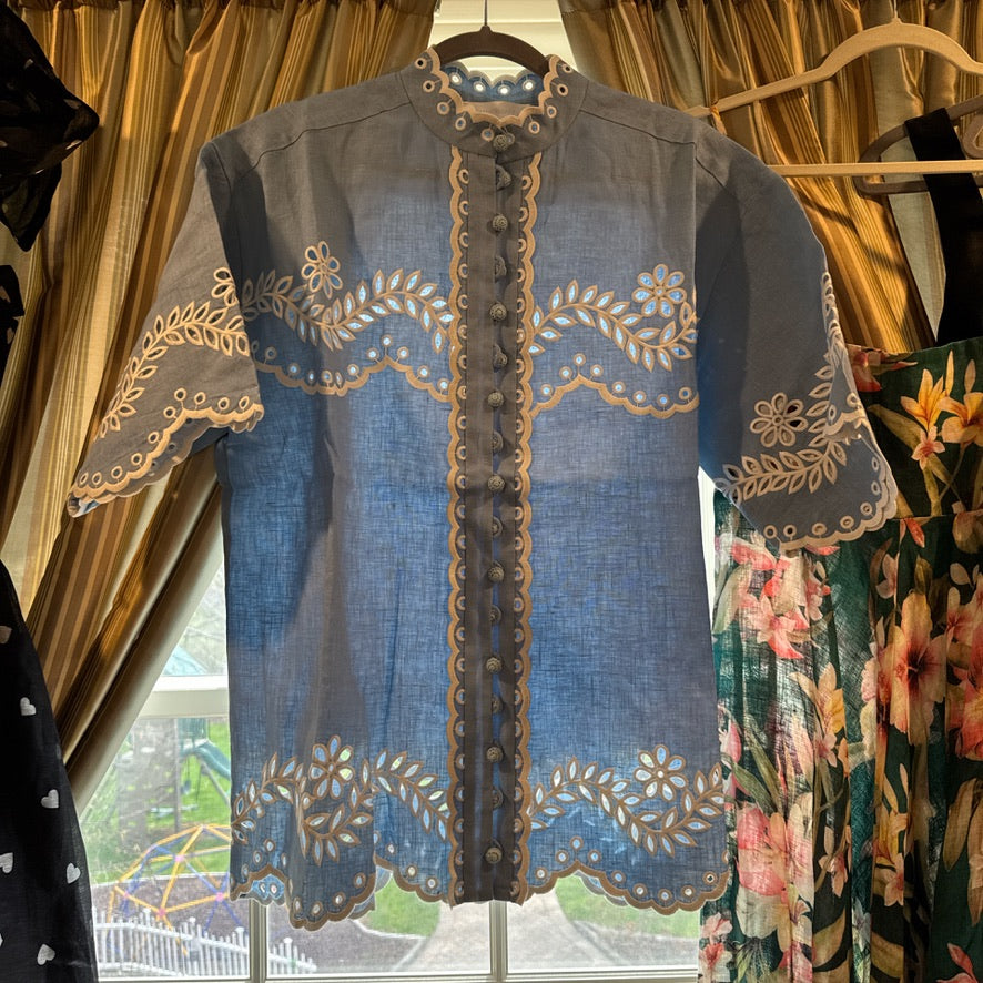Zimmermann Linen Button Shirt & Belted Shorts Set in Blue, Size AU 1/2/3