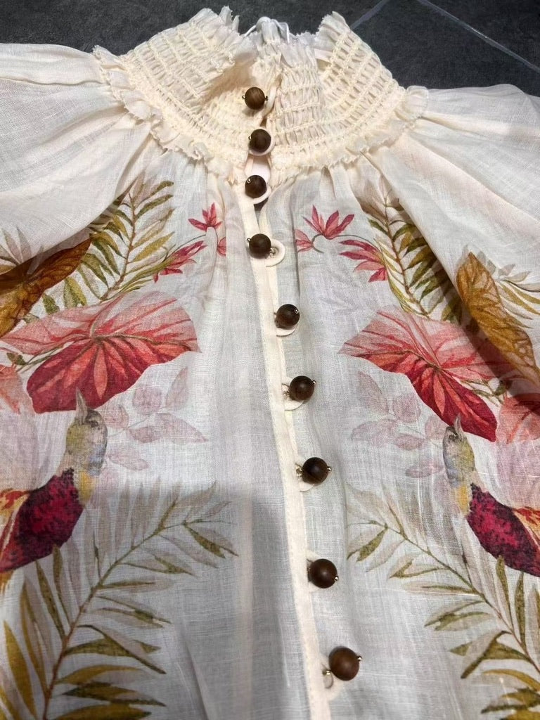Zimmermann Ramie Blouse & Embellished Belted Linen Shorts Set in Cream Floral, Size AU 0/1/2/3