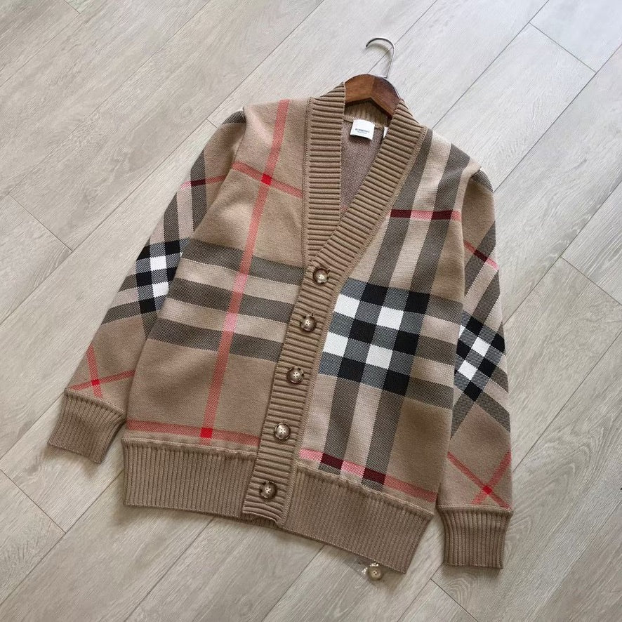 Burberry Check Wool Blend Cardigan in Beige, Size S/M/L