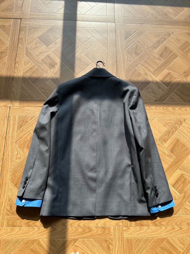 Miu Miu Logo Embroidered Oversized Wool Blazer Jacket in Gray, Size 36/38/40