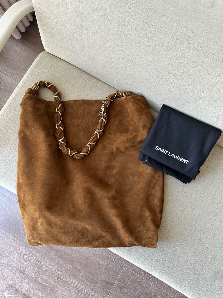 Saint Laurent Amalia Embellished Suede Shoulder Bag in Brown