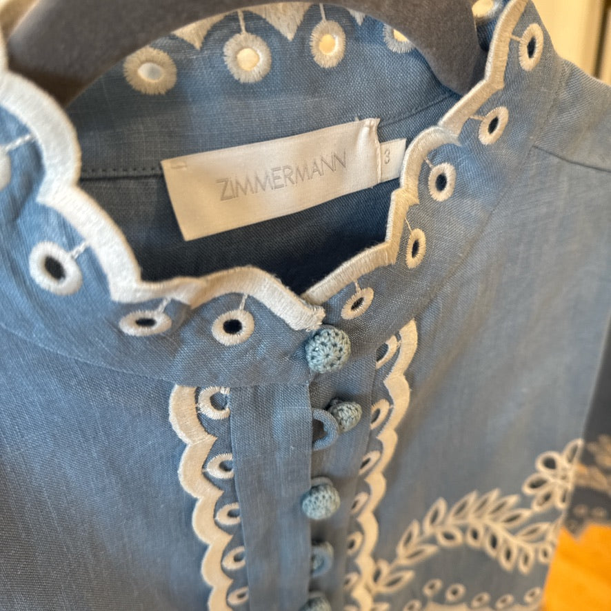 Zimmermann Linen Button Shirt & Belted Shorts Set in Blue, Size AU 1/2/3